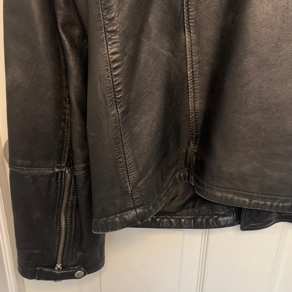 All Saints Mens Black Leather Biker Jacket with Quilted Shoulders